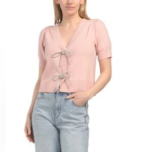 Belldini Light Pink V-Neck knit Sweater with Rhinestone Bows